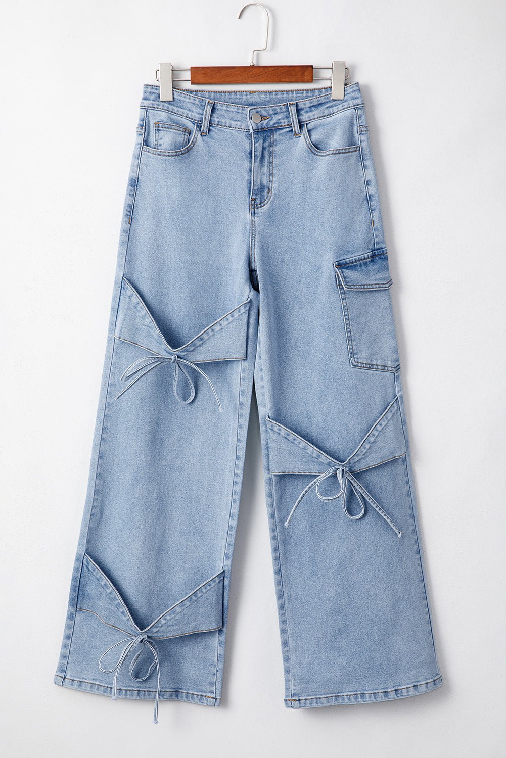Beau Blue Bowknot Decor Boyfriend Cargo Jeans - Image 3