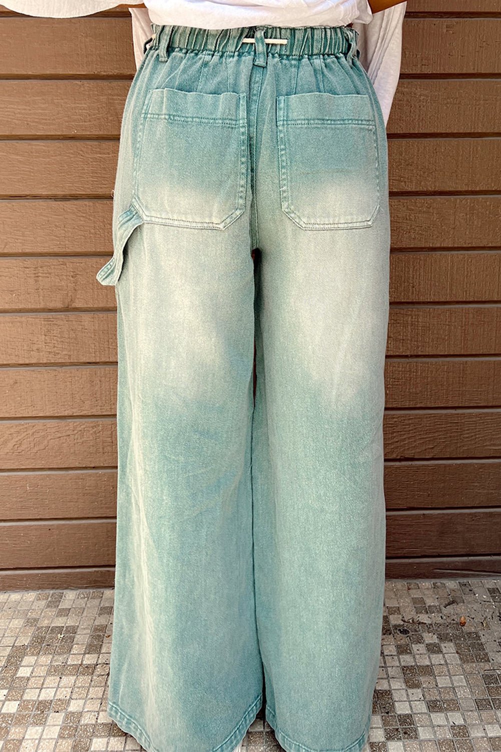 Smoke Green Mineral Wash Drawstring High Waist Wide Leg Jeans - Image 3