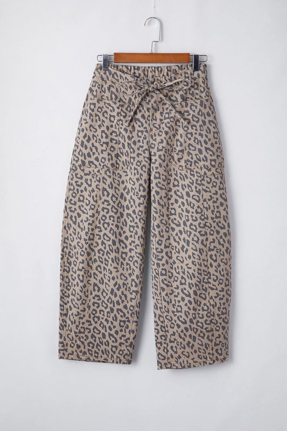 Khaki Leopard Printed Drawstring Waist Pocketed Wide Leg Jeans - Image 5