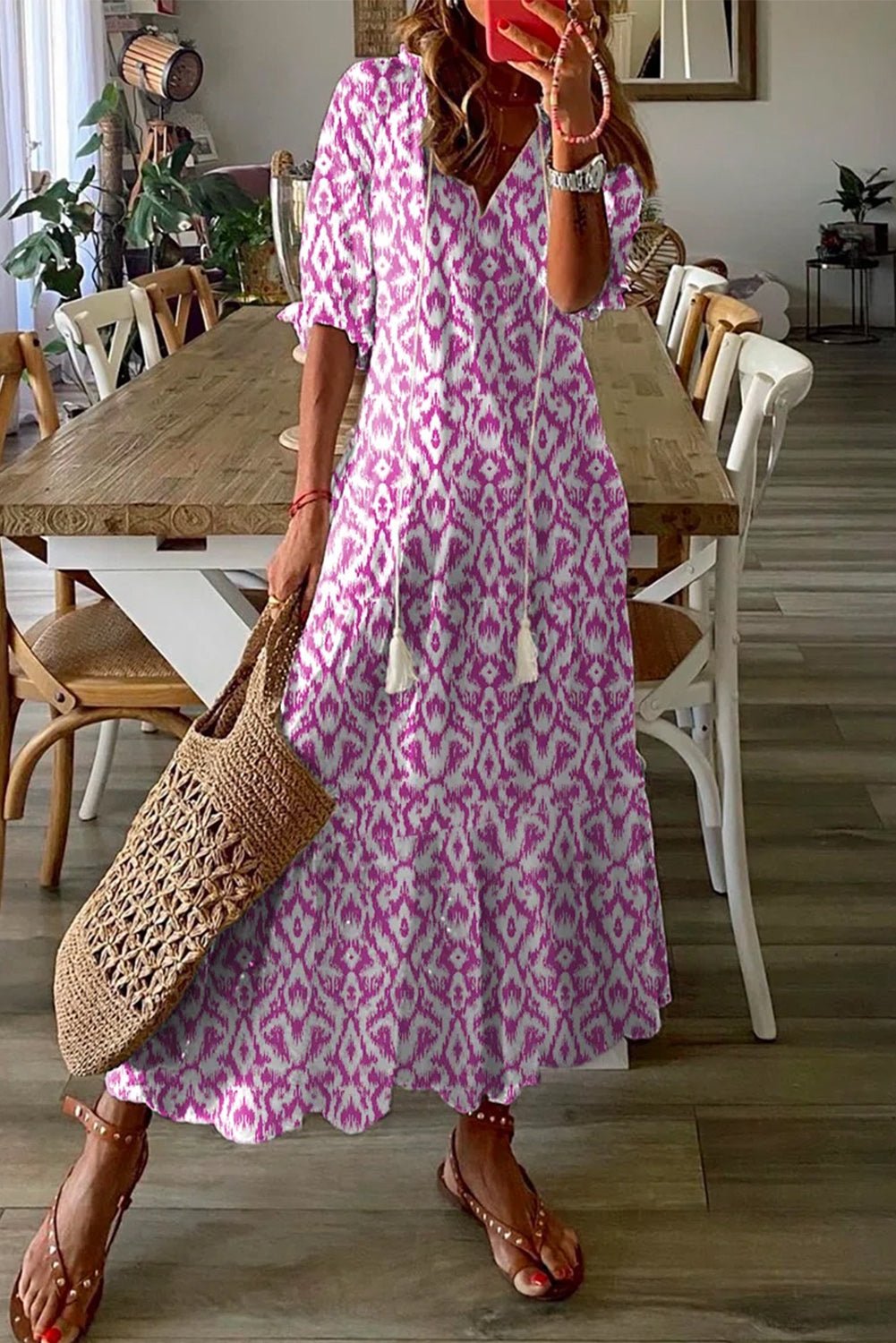 V Neck Casual Geometric Print Maxi Dress - Image 12