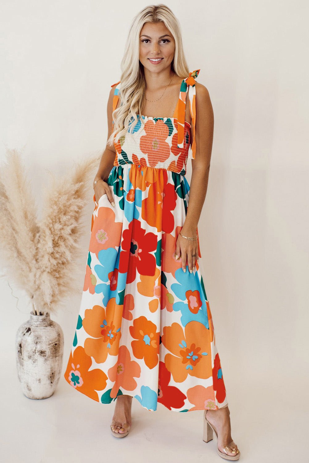 Orange Floral Self Tied Straps Smocked Bust Maxi Dress - Image 5