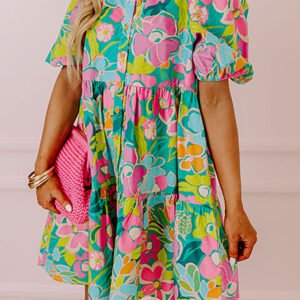 Green Floral Puff Sleeve Collar Buttoned Babydoll Dress