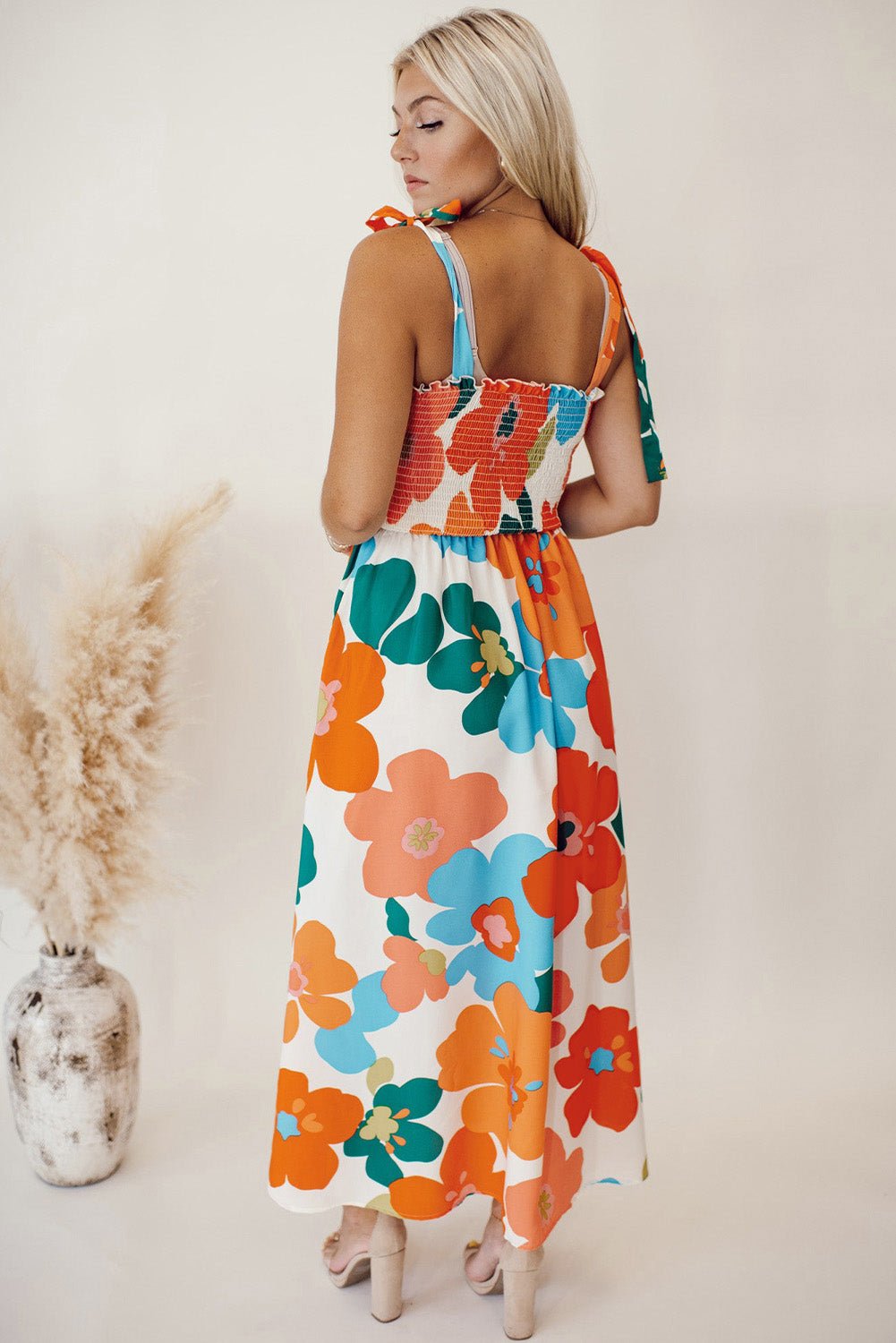 Orange Floral Self Tied Straps Smocked Bust Maxi Dress - Image 2
