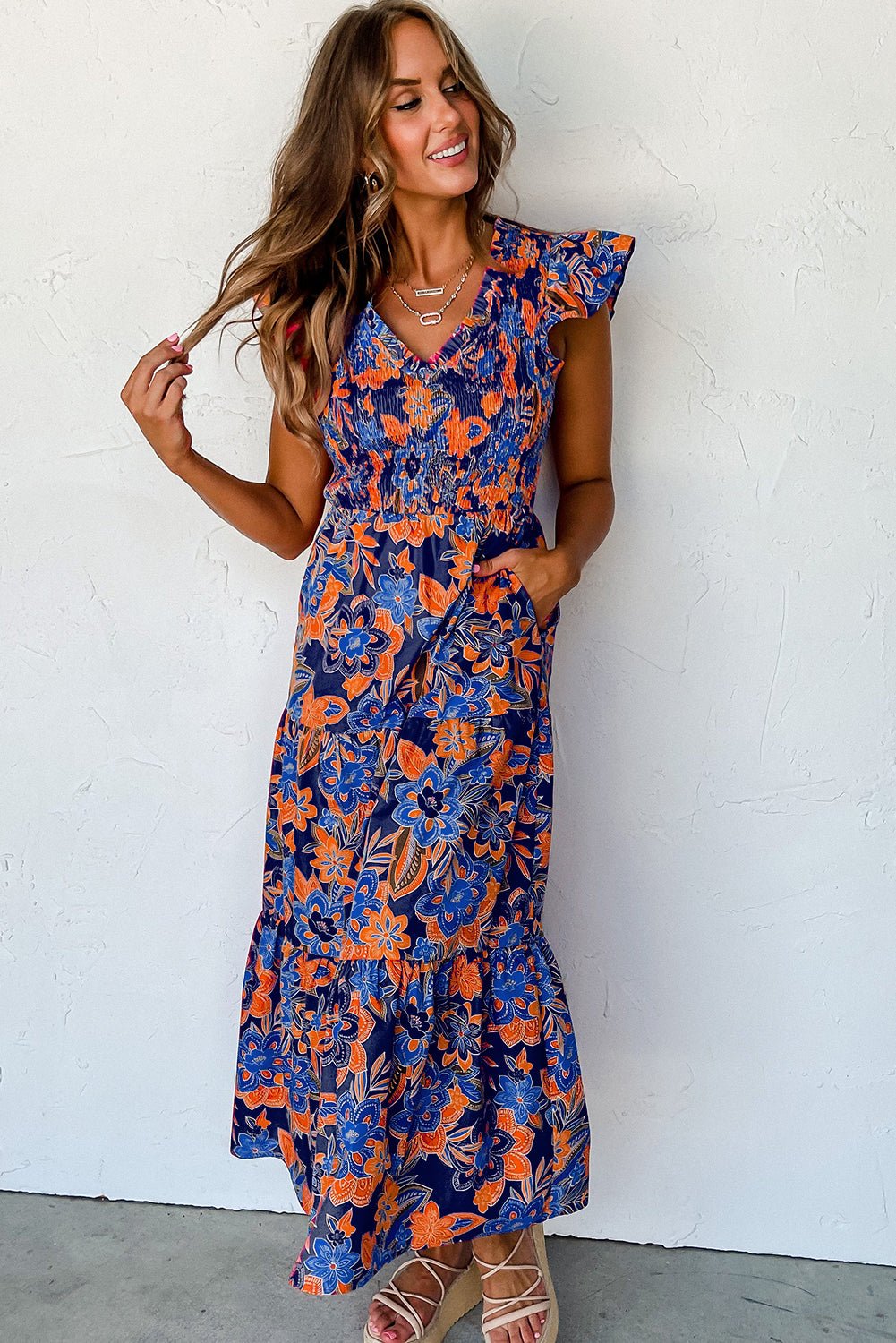 Dark Blue Boho Floral V Neck Ruffle Tiered Long Dress - Image 3