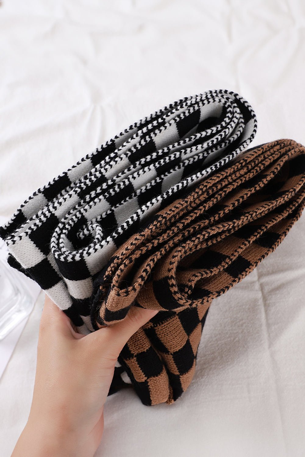 Black Checkered Knitted Soft Warm Large Scarf - Image 7