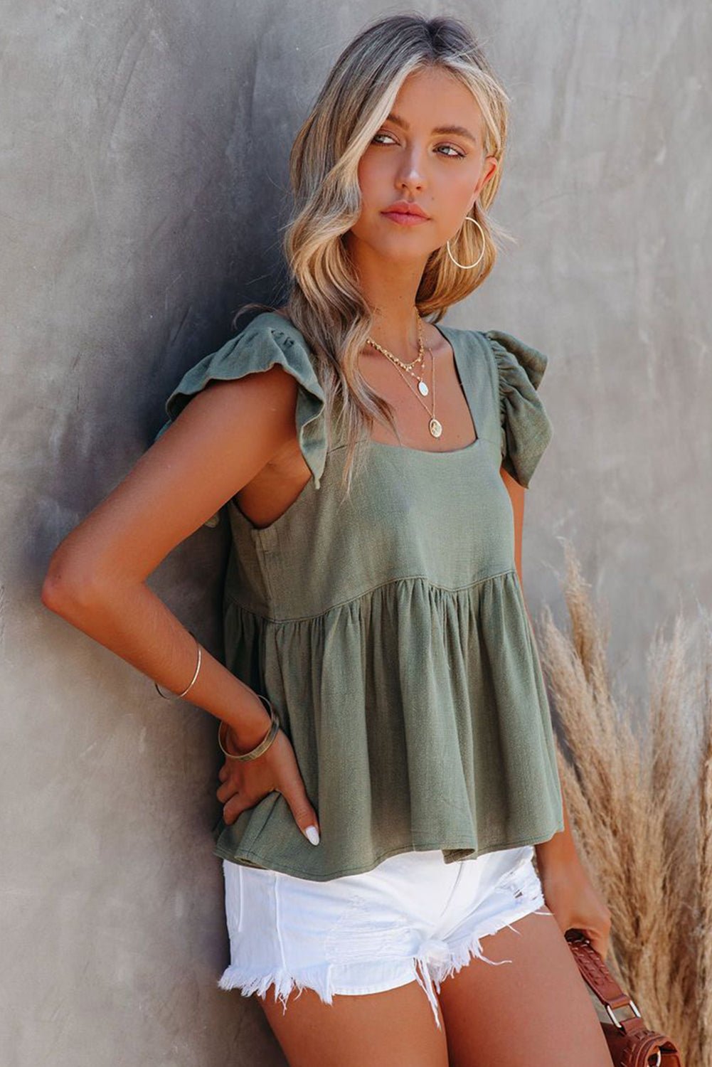 Khaki Flutter Shoulder Babydoll Top - Image 15