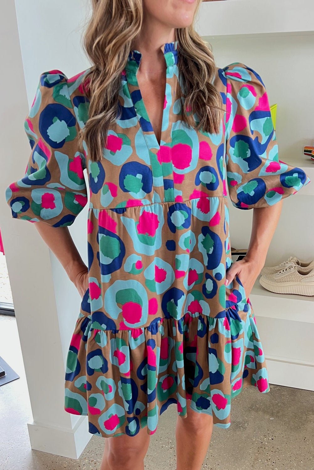 Green Leopard Print Bubble Sleeve Slit Neck Ruffled Dress - Image 9