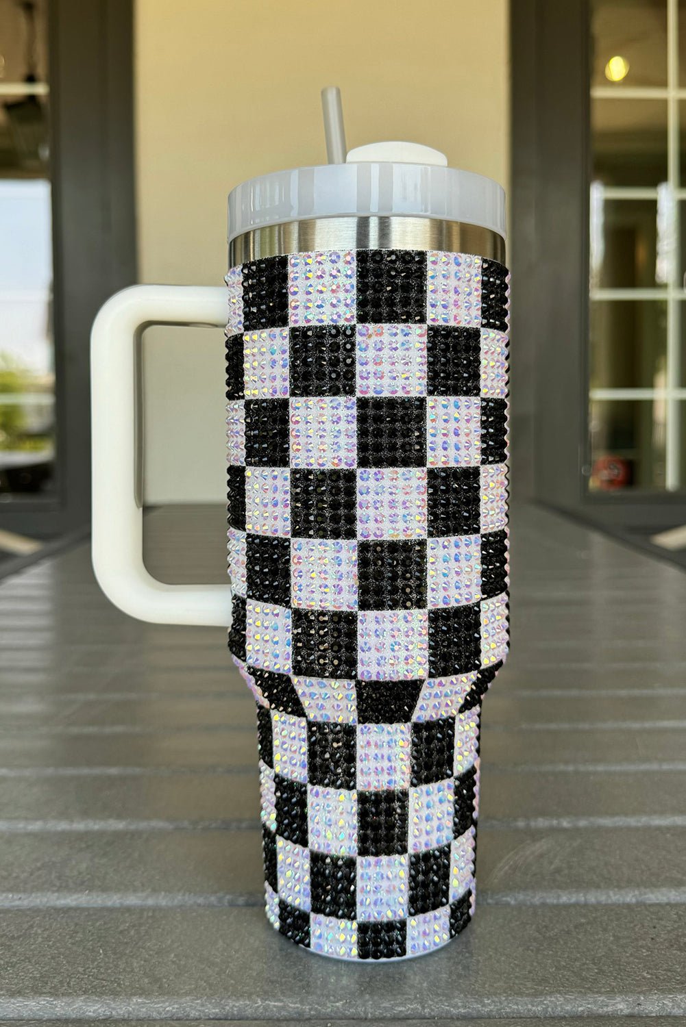 Black Full Rhinestone Checkerboard Handled Tumbler 40oz - Image 2