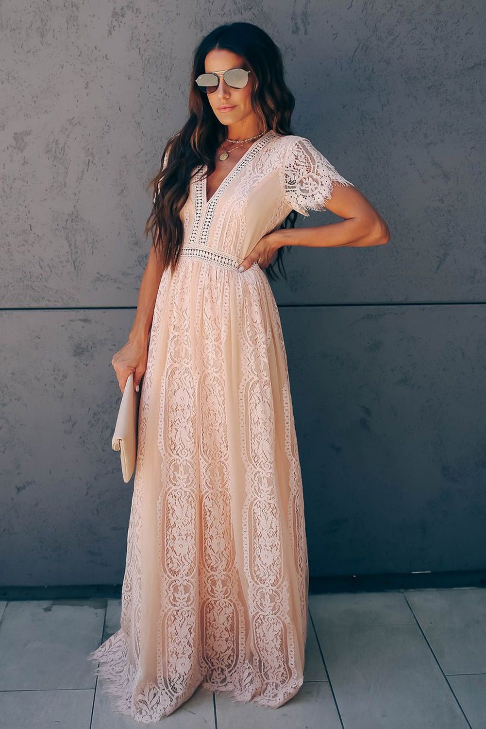 Burgundy Deep V Neck Short Sleeve Lace Maxi Dress - Image 18