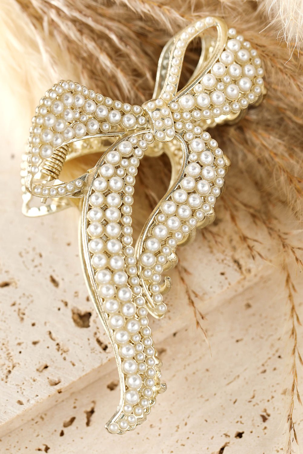 Gold Full Pearl Bow Knot Hair Claw Clip - Image 4
