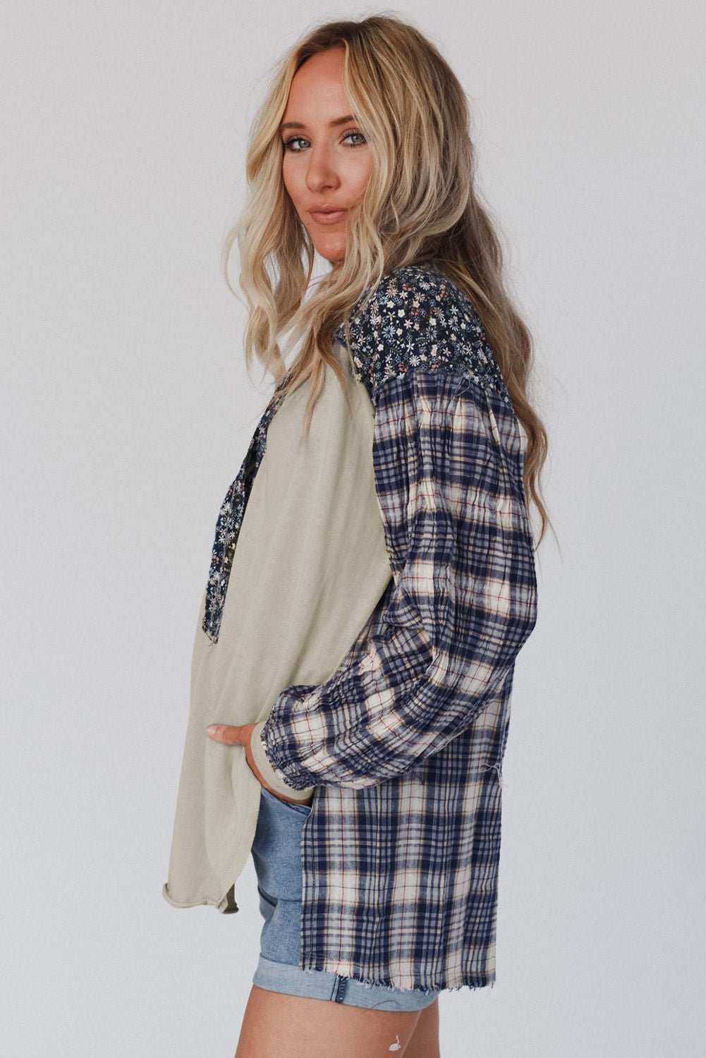 Red Floral Plaid Mixed Print Bishop Sleeve Patchwork Top - Image 19